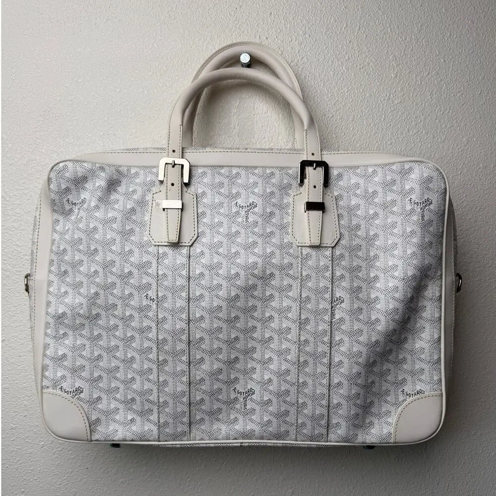 Goyard Ambassade MM White Goyardine Briefcase Laptop Bag AG Personalized